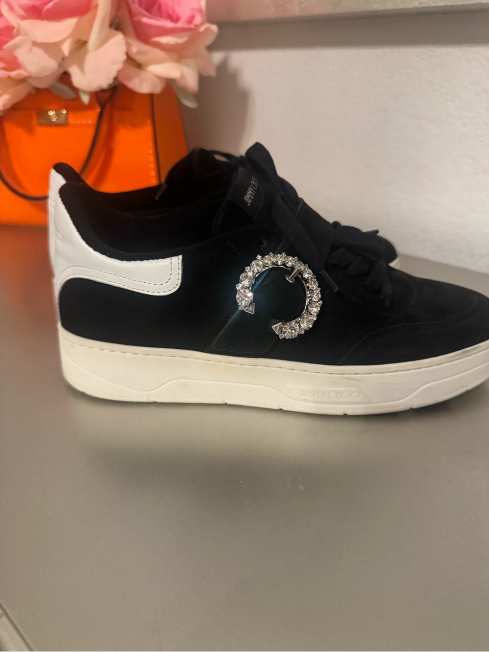 Jimmy Choo Black and White Crystal-Embellished Women's Sneaker